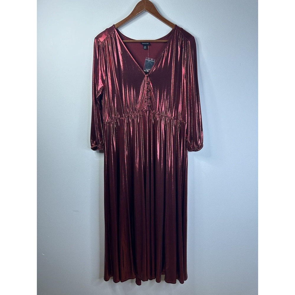 Torrid Red Liquid Knit Tea Length Dress 3/4 Sleeve V-neck Shiny Size 0